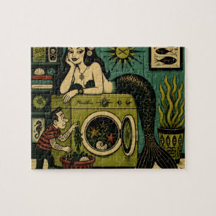 Funny Mid Century Sea Siren Laundry Day Jigsaw Puzzle