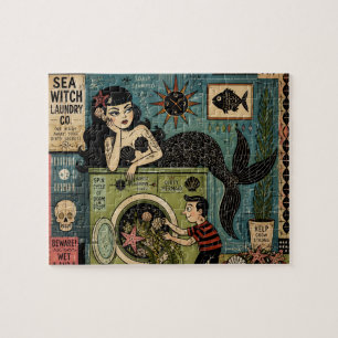 Funny Mid Century Sea Siren on Laundry Day Jigsaw Puzzle