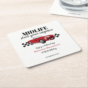 Funny Midlife Vintage Red Car 50th Birthday Square Paper Coaster