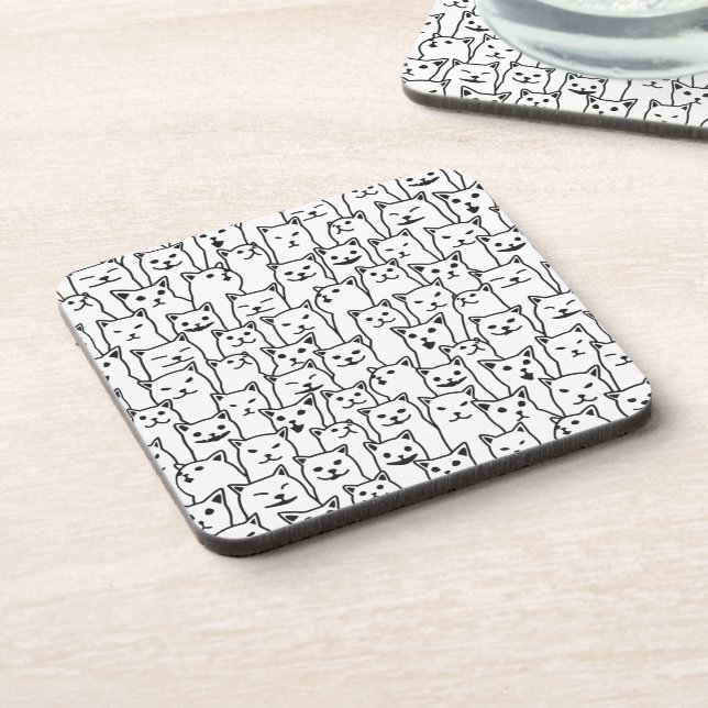 Funny Minimalist Black White Cat Line Art Pattern Coaster (Left Side)