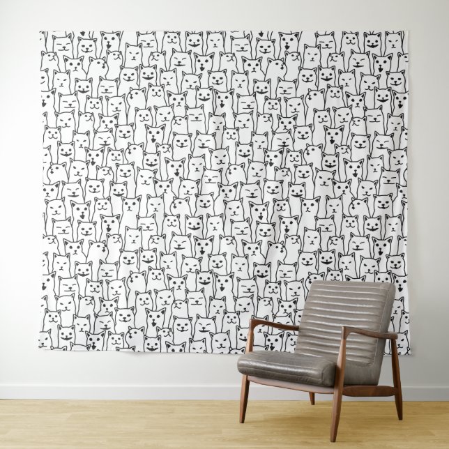 Funny Minimalist Black White Cat Line Art Pattern Tapestry (In Situ (Horizontal))