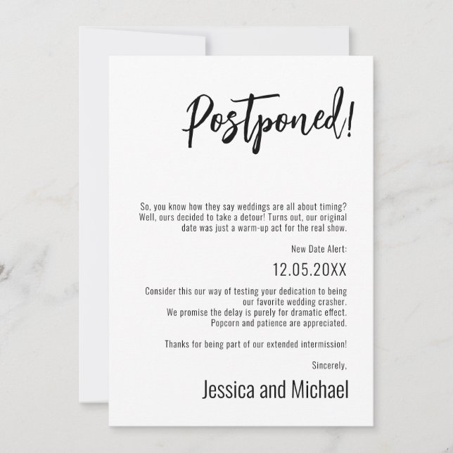 💍 Funny Minimalist Elegant Postponed date  Save The Date (Front)