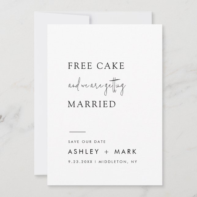 Funny Minimalist Script Free Cake Wedding Save The Date (Front)