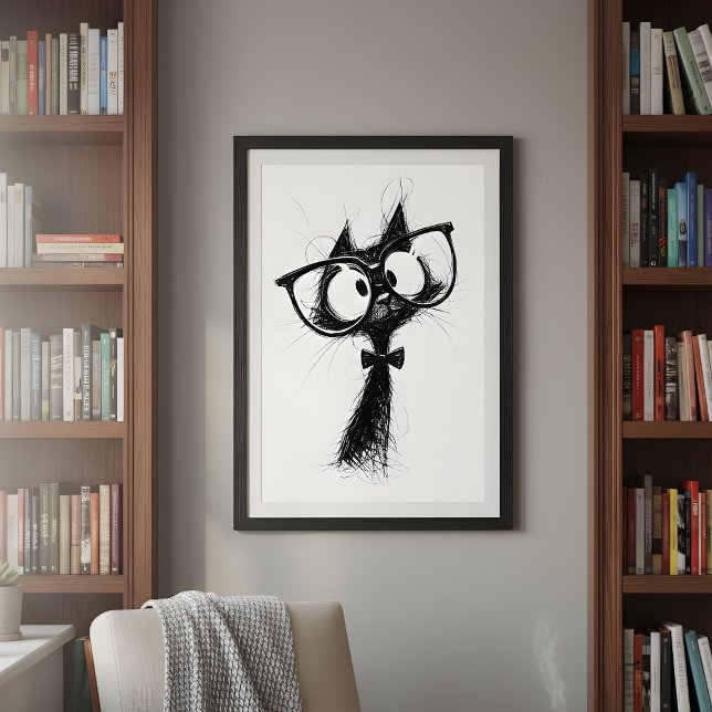 Funny Minimalist Whimsical Nerd Cat with Glasses Poster (Creator Uploaded)