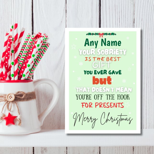 Funny Mint Green Custom Name Sobriety Christmas Card (Personalize sober support christmas card, pastel green, trendy fonts)