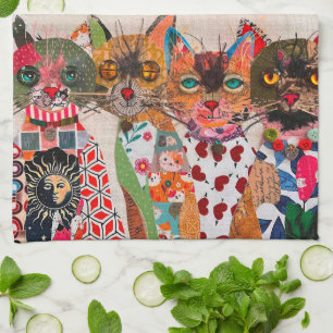 Funny Mixed Media Cat 1/2 Fold Kitchen Towel