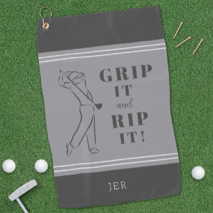 Funny Modern Golfer Silhouette Black Grey Monogram Golf Towel
