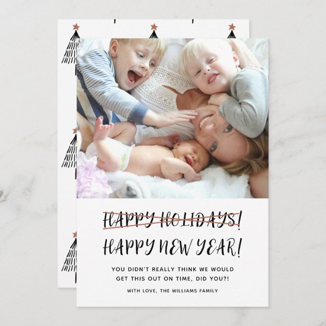 Funny Modern Happy New Year Photo Holiday Card (Front/Back)
