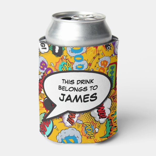 Funny Modern Personalised Comic Book Speech Bubble Can Cooler (Can Front)