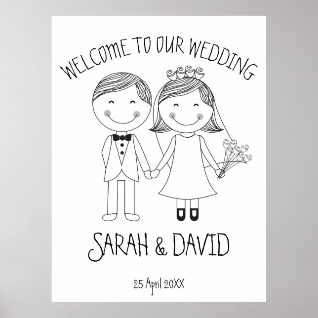 Funny modern wedding doodle cartoon couple welcome poster (Front)