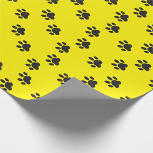 Funny Modern Yellow With Black Paw Prints  Cartoon Wrapping Paper