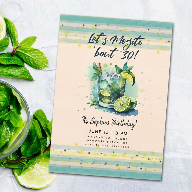 Funny Mojito bout 30 Cocktails Hour 30th Birthday Invitation (funny 30th birthday invitation for women cocktails hour party mojito watercolor elegant classy fun)