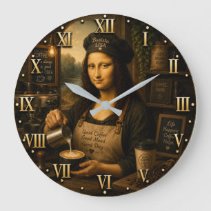 Funny Mona Lisa Barista Coffee Shop Kitchen Large Clock