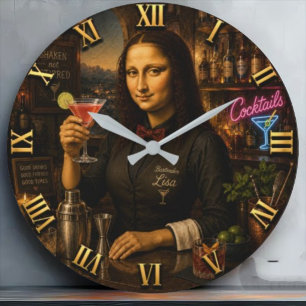 Funny Mona Lisa Bartender Cocktail Bar Decor Large Clock
