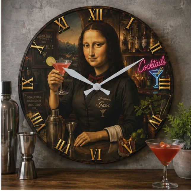 Funny Mona Lisa Bartender Cocktail Bar Decor Large Clock (Creator Uploaded)