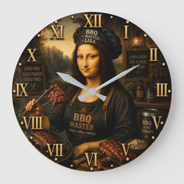 Funny Mona Lisa BBQ Master Barbecue Grill Decor Large Clock (Front)