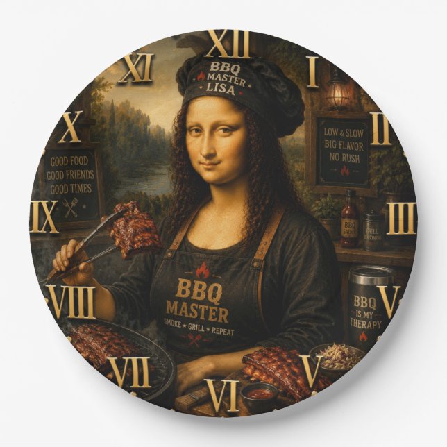 Funny Mona Lisa BBQ Master Barbecue Grill Decor Paper Plate (Front)