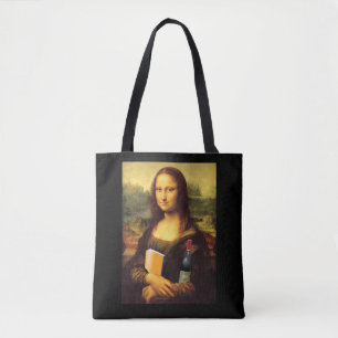 Funny Mona Lisa Book and Wine Tote Bag