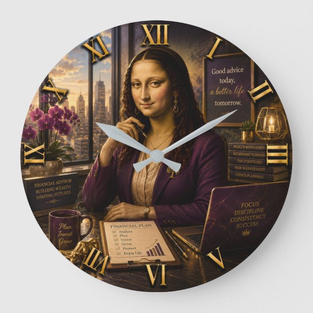 Funny Mona Lisa Financial Advisor Office Decor Large Clock (Front)