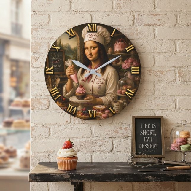 Funny Mona Lisa Pastry Chef Bakery Kitchen Decor Large Clock (Creator Uploaded)