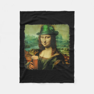 Funny Mona Lisa St. Patricks Day Shamrock Hat Lepr Fleece Blanket