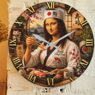 Funny Mona Lisa Sushi Chef Japanese Kitchen Decor Large Clock