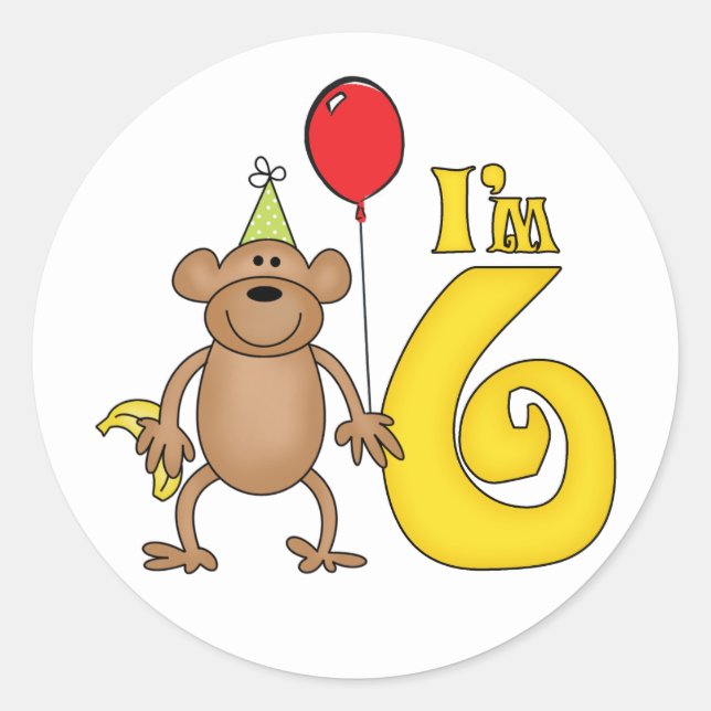 Funny Monkey 6th Birthday Classic Round Sticker (Front)