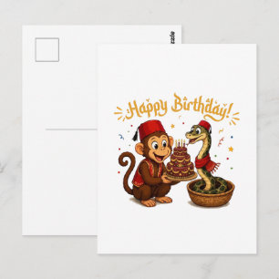 Funny Monkey and Snake Birthday Celebration Postcard