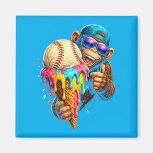 Funny Monkey Baseball Ice Cream Drip Sports Fan Magnet