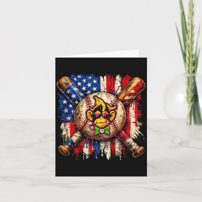Funny Monkey Baseball Mascot with American Flag Card (Front)
