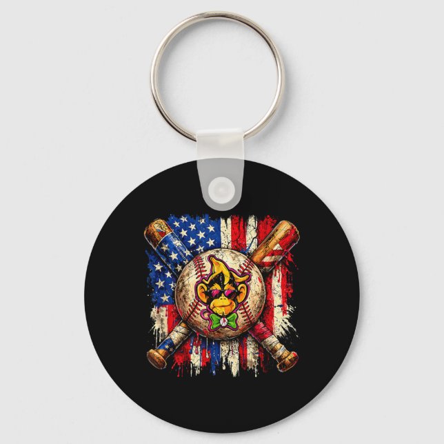 Funny Monkey Baseball Mascot with American Flag Key Ring (Front)