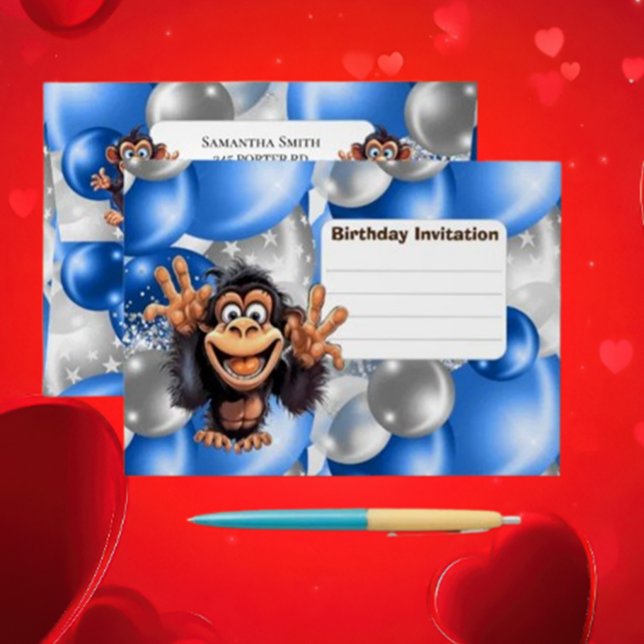 Funny Monkey Birthday Invitation Blue Envelope (jungle 1st birthday party invitation envelope)