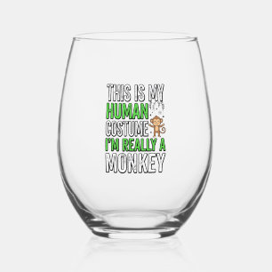 Funny Monkey Human Costume Halloween Shirt Design_ Stemless Wine Glass
