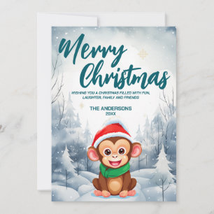 Funny Monkey Merry Xmas tree snow Holiday party Card