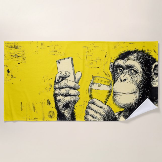 Funny Monkey Selfie Illustration – Cool Chimpanzee Beach Towel (Front)