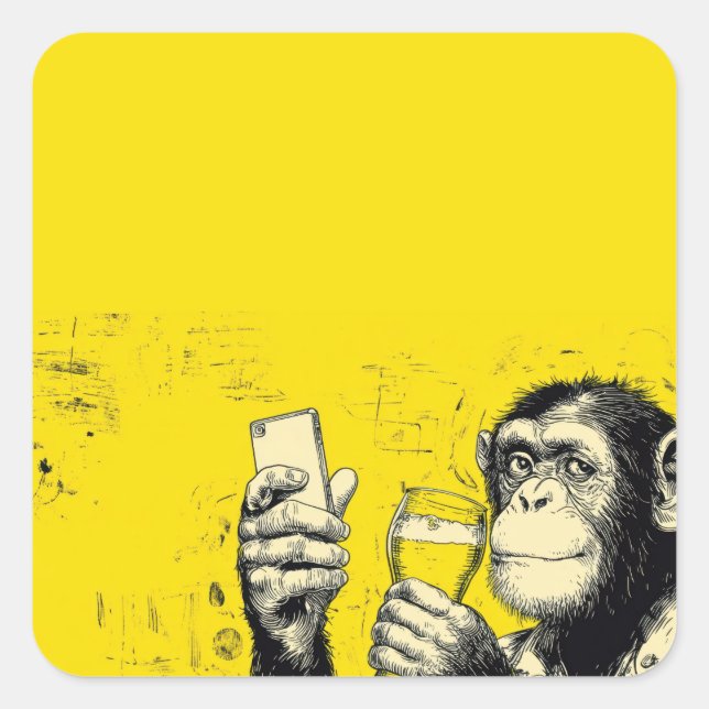 Funny Monkey Selfie Illustration – Cool Chimpanzee Square Sticker (Front)