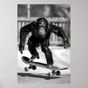 Funny Monkey Skateboarding Photo AI Animal Wall Poster