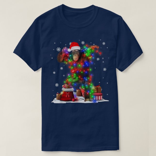 Funny Monkey Tree Christmas Lights Xmas Pajama Mat T-Shirt (Design Front)