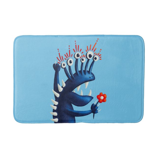 Funny Monster Flower Blue Kids Bath Mat (Front)