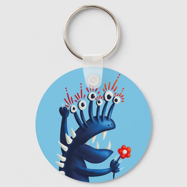 Funny Monster Flower Blue Kids Key Ring (Front)