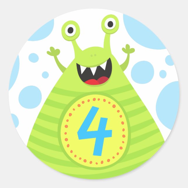Funny monster fourth birthday stickers for kids (Front)