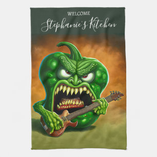 Funny Monster Green Bell Pepper Rocker Guitar Tea Towel
