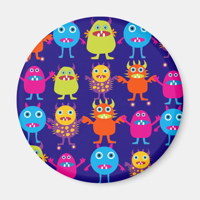 Funny Monster Party Cute Creatures on Blue Magnet (Front)