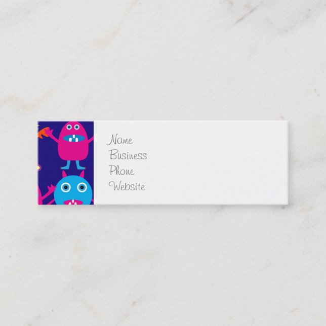 Funny Monster Party Cute Creatures on Blue Mini Business Card (Front)