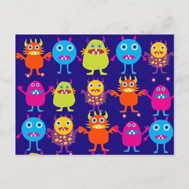 Funny Monster Party Cute Creatures on Blue Postcard (Front)