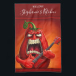 Funny Monster Red Bell Pepper Rocker Guitar Tea Towel<br><div class="desc">Funny angry capsicum chilli character.</div>