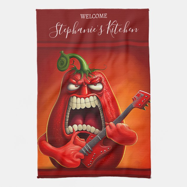 Funny Monster Red Bell Pepper Rocker Guitar Tea Towel (Vertical)