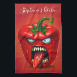 Funny Monster Red Bell Pepper Rocker Tea Towel<br><div class="desc">Funny angry capsicum chilli character.</div>