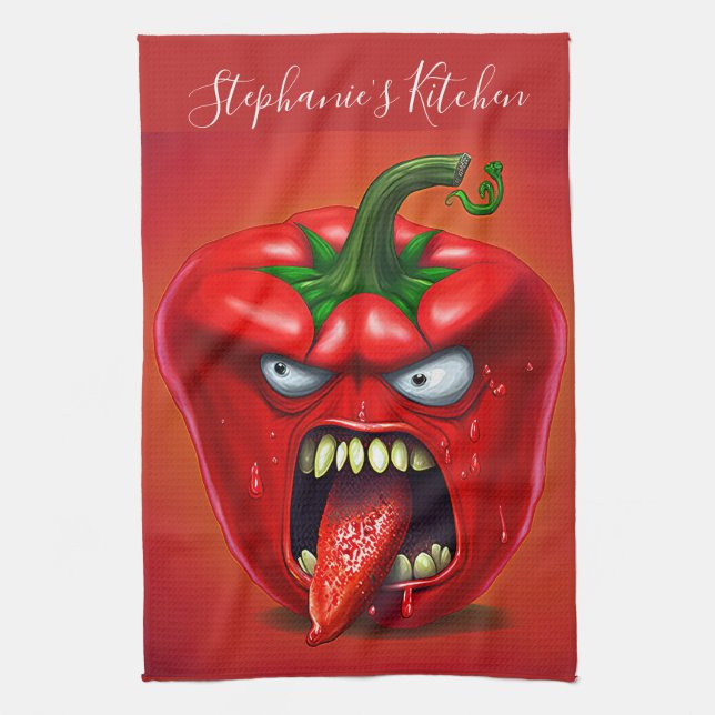 Funny Monster Red Bell Pepper Rocker Tea Towel (Vertical)