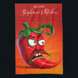 Funny Monster Red Hot Chilli Pepper Tea Towel<br><div class="desc">Funny angry chilli pepper character.</div>